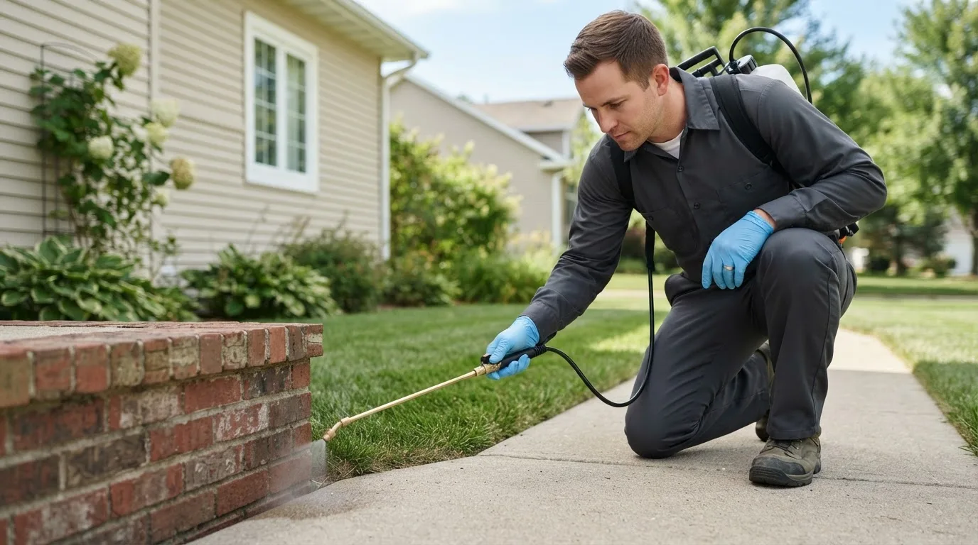 Pest control technician treating a home near Beulaville, NC